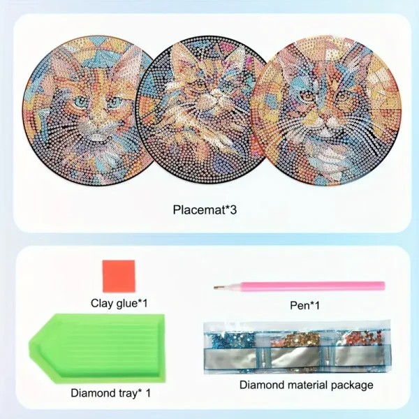 3pcs Cat Diamond Painting Placemat Set (CDD2) - Image 3