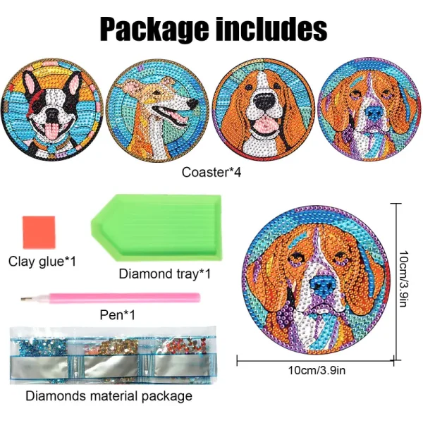 4pcs Dog DIY Diamond Art Coaster Set (DDD2) - Image 3