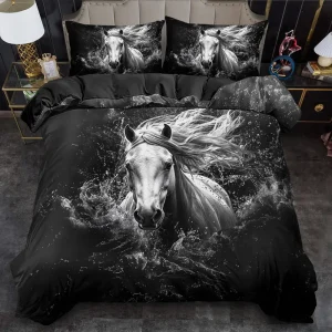 3pcs White Horse Floral Duvet Cover Set (HDS3)
