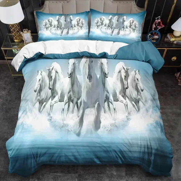 3pcs White & Blue Horse Duvet Cover Set (HDS8)