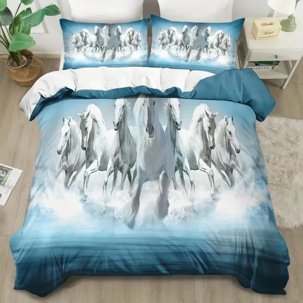 3pcs White & Blue Horse Duvet Cover Set (HDS8) - Image 2