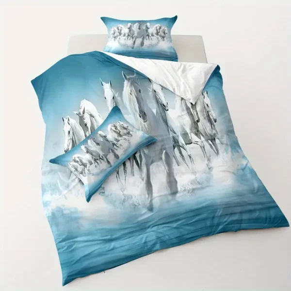 3pcs White & Blue Horse Duvet Cover Set (HDS8) - Image 3