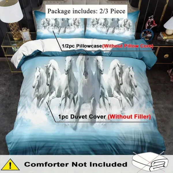 3pcs White & Blue Horse Duvet Cover Set (HDS8) - Image 5