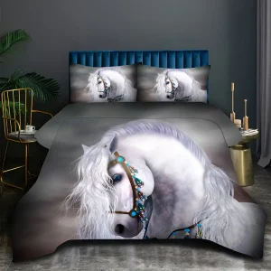 3pcs White Jewlery Horse Duvet Cover Set (HDS10)