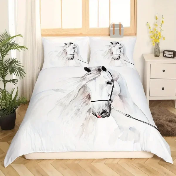 3pcs White Horse Duvet Cover Set (HDS5)
