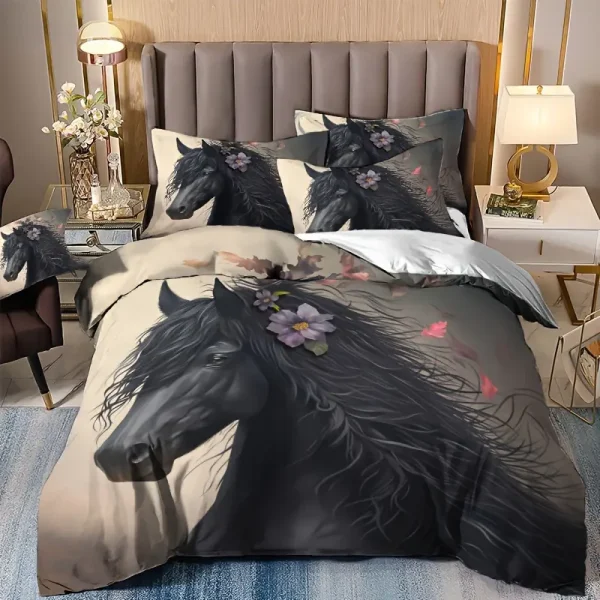 3pcs Black Floral Horse Duvet Cover Set (HDS6)