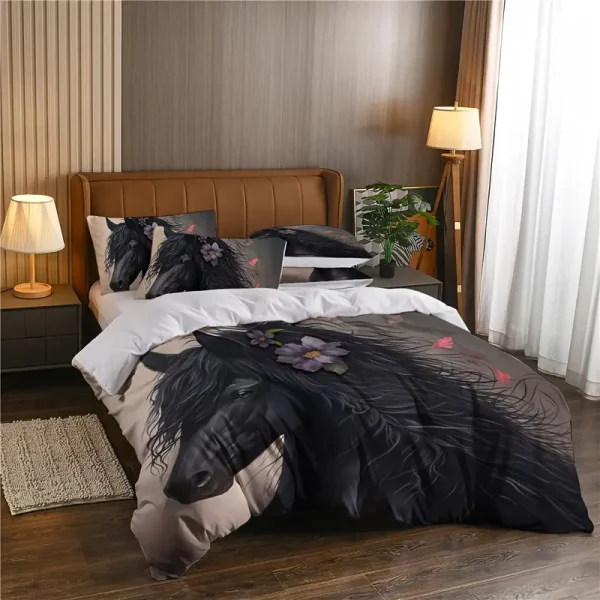 3pcs Black Floral Horse Duvet Cover Set (HDS6) - Image 3